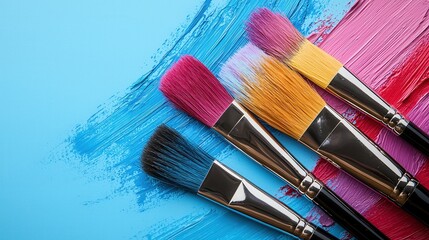 Fototapeta premium Creative painting techniques art studio visual content colorful brushes close-up artistic exploration