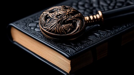 Antique Dragon Pipe and Leather Bound Book: A finely crafted antique smoking pipe featuring a dragon design rests on top of an aged, leather-bound book. The image, illuminated by soft light.