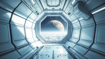 Fototapeta premium A spaceship corridor, viewed from a perspective looking towards a large octagonal window displaying a view of a planet above a cloud layer. The corridor is designed in a clean, futuristic style.