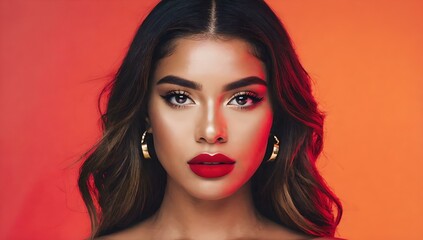 Fototapeta premium Bold portrait of Latina woman with glowing skin, deep red lips, and dramatic makeup, framed by wavy brown hair and golden hoop earrings against a orange gradient. Image made using Generative AI.