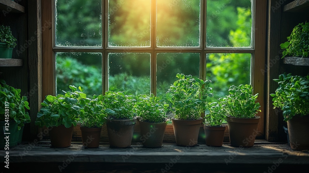 Wall mural Sunlight streaming through a rustic window illuminating potted herbs on a wooden sill