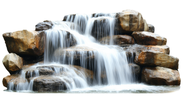 Cascading waterfall flowing over rocks with transparent background