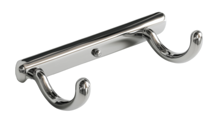 Shiny metal double coat hook on transparent background