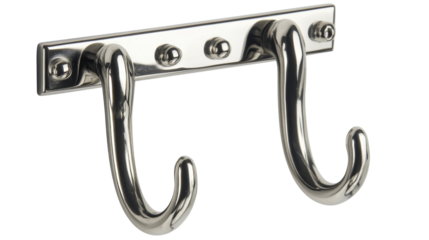 Two shiny metal robe hooks on a transparent background