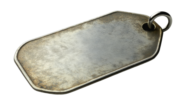 Blank metallic tag presenting empty space for customization on transparent background