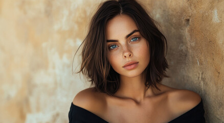 A beautiful brunette woman with shoulder-length hair gazes thoughtfully while standing outdoors near a rustic wall bathed in sunlight