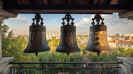 Obraz premium Serene Cityscape Viewed Through Ancient Bells
