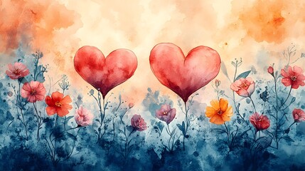 Enchanting Whimsical Valentine's Day Greeting Card Design with Watercolor Effects and Floral Heart Motifs for Celebrating Love