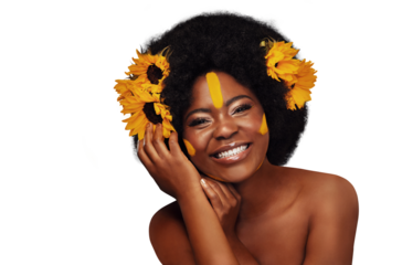 Smile, makeup and black woman with flowers for skincare, cosmetic and natural face routine. Happy, beauty and young African model with floral plants in hair isolated by transparent png background.