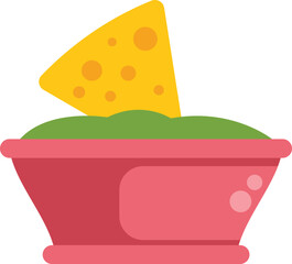 Vector illustration of a pink bowl filled with guacamole and a nacho being dipped in it