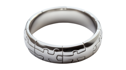 Silver puzzle ring forming a perfect circle on transparent background