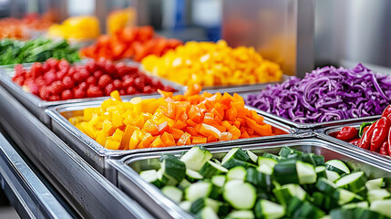 Colorful assortment of freshly chopped vegetables in a kitchen display prepared for meal preparation at a busy restaurant setting