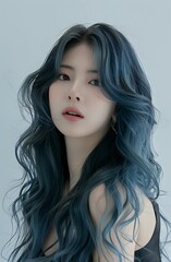 Fototapeta premium Young Asian woman with long wavy blue-tinted hair and natural makeup poses against light background, showing modern hair coloring trends and beauty style.