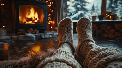 Cozy winter scene with feet in warm woolen socks resting by a fireplace, creating a relaxing and hygge atmosphere.
