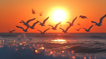 Naklejka premium Sunset over Ocean with Flying Seagulls and Gentle Waves Impact