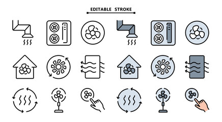 Home ventilation system vector icons set. Editable stroke. Ventilation color icons collection. Includes air conditioner, air dryer, air duct, cooling fan, exhaust fan, and More.