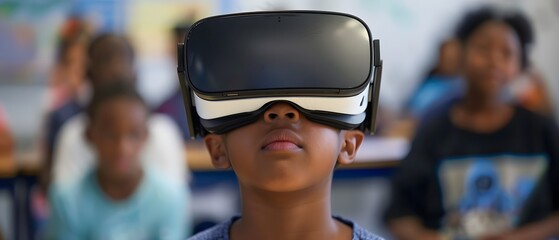 Young Boy Experiencing Virtual Reality in Classroom Setting Surrounded by Peers Engaged in Technology Learning and Discovery
