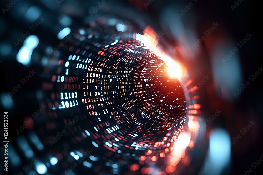 Poster digital tunnel with glowing binary code and red light effect in dark cyberspace background, represen