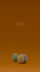Six Easter eggs with colorful patterns at the bottom of the image on a solid brown background