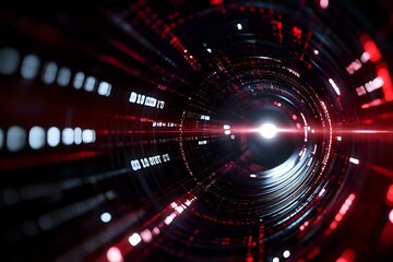Obraz premium Abstract futuristic tunnel with glowing red lights and digital circles creating depth perspective, bright center light beam in dark space background.
