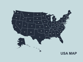 USA Map. Poster map of United States of America. Print of USA with name states, poster or geographic, political theme. Infographic graphic design print map of USA states. Vector Illustration