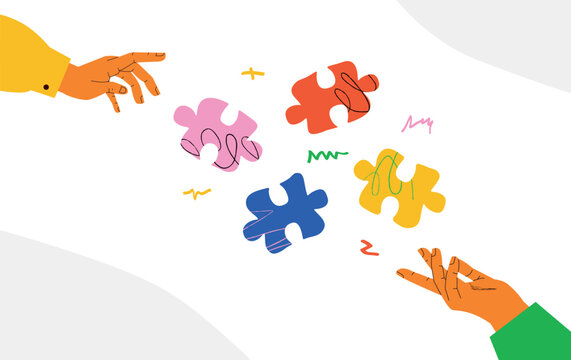 A vivid illustration with two hands reaching for each other and colorful puzzle pieces between them. A metaphor for the process of teamwork, problem solving, customer development.