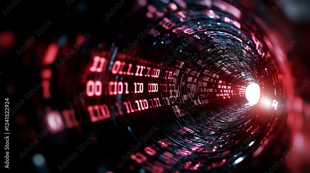 Poster digital binary code tunnel in red and black with glowing light at end, abstract technology backgroun
