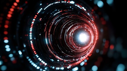 Obraz premium Futuristic circular tunnel with glowing red and blue light particles creating dynamic spiral effect against dark background, suggesting high-tech motion and speed.