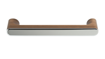 Modern door handle combining wood and metal on transparent background