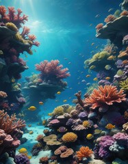 Obraz premium Coral reef teeming with marine life and colorful fish, ocean ecosystem, marine life