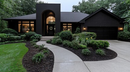 Naklejka premium Modern black house, landscaped yard, evening light, suburban setting, real estate listing
