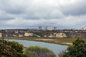 Landscape view of Newport Beach back bay on a cloudy day. Newport Beach, California, USA 