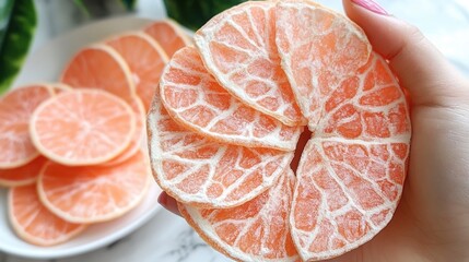 Freshly Cut Citrus Fruit Slices on a Hand with Green Background