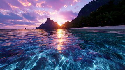 Dramatic sunset over tropical ocean with mountain silhouette, vibrant purple sky reflecting in crystal clear turquoise water, golden sun rays breaking through clouds.