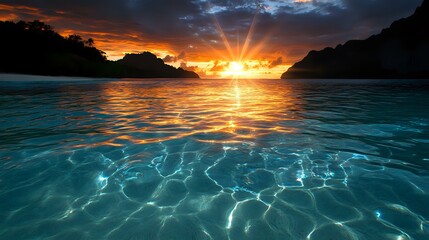 Dramatic ocean sunset with golden sun rays piercing through clouds over turquoise crystal clear water with light patterns reflecting on sandy bottom.