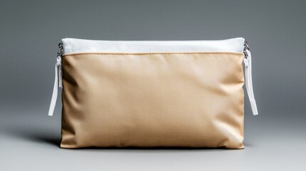 Beige zippered pouch on grey background. Lifestyle product shot