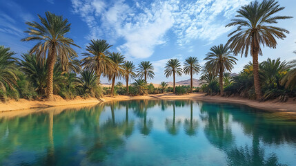 Obraz premium Serene Oasis Palm Trees Reflected in a Crystal-Clear Pool of Water