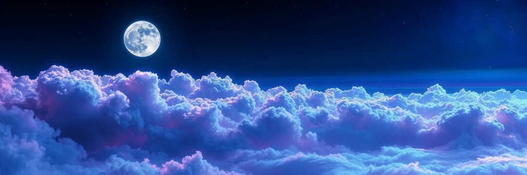 Beautiful wide wallpaper with moon and fluffy clouds. Good night background
