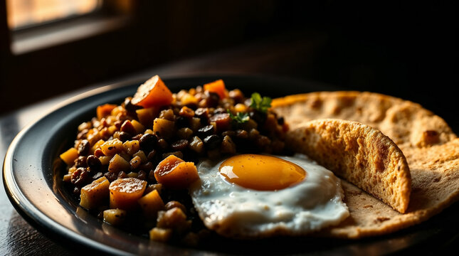 Plate of Desayunos. Breakfast meal with beans, tortillas, fried eggs, panela cheese, plantains and refried black beans