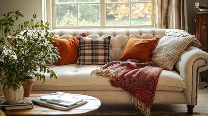 Obraz premium A vintage-style sofa with various cushions invites relaxation in a cozy living room. Soft light filters in through a window, highlighting autumn colors and a layered blanket