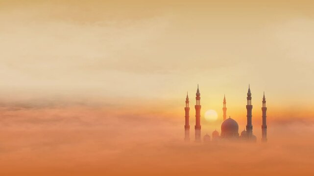 Sunset mosque silhouette looping animation islamic abstract background for eid and ramadan