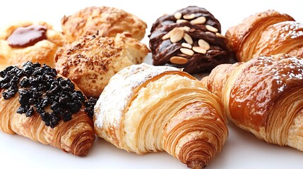 A selection of fresh baked pastries and croissants, displayed on a clean white background with perfect lighting highlighting each detail