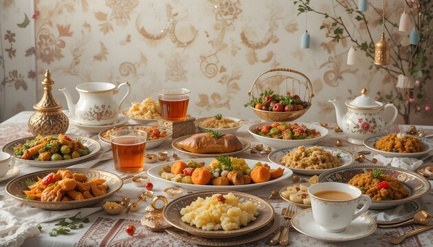 An Eid al-Fitr feast with traditional dishes, tea, and decorative crescent moon motifs