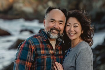 Fototapeta premium Portrait of a joyful asian couple in their 40s dressed in a relaxed flannel shirt on peaceful tide pool background