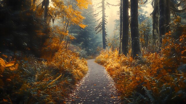 A serene forest trail surrounded by vibrant autumn foliage, with a soft golden light filtering through the trees