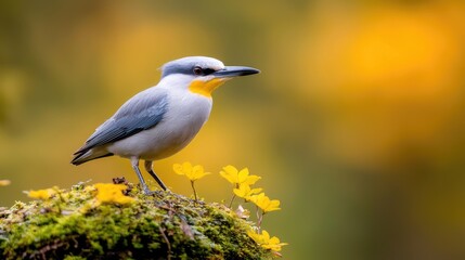 Fototapeta premium Bird perched on moss, yellow flowers, autumn background