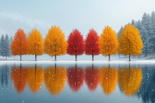 Vibrant autumn trees reflected in a serene lake amidst a foggy landscape during the peak of fall season