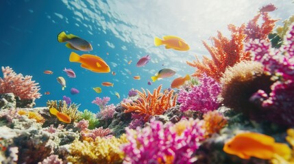 Fototapeta premium Vibrant Coral Reef Surrounded by Colorful Fish in Clear Waters