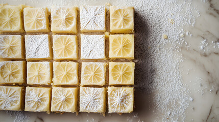 Lemon bars with a buttery shortbread crust and a tangy lemon filling, dusted with powdered sugar.