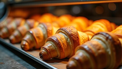 Freshly baked golden croissants on a tray in a bakery.